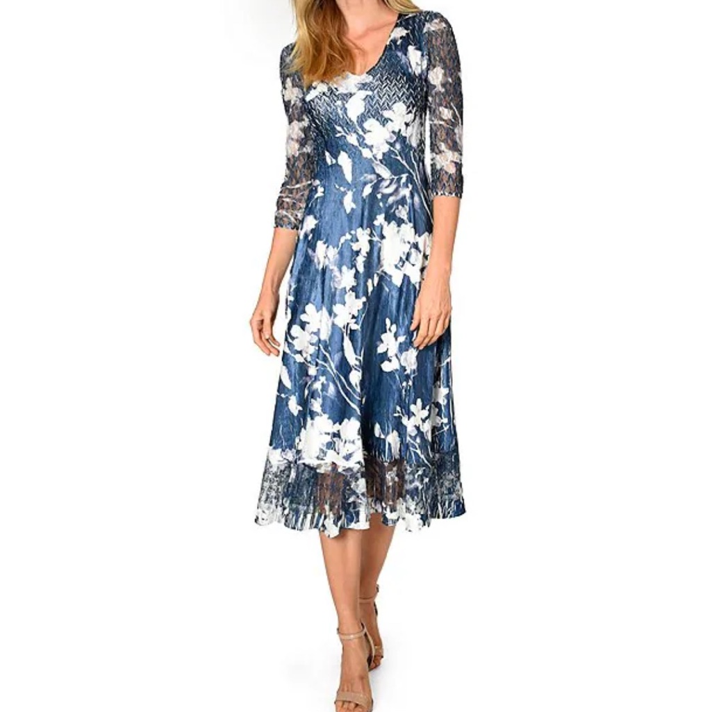 Komarov Elegant Midnight Vine Floral Print Midi Dress